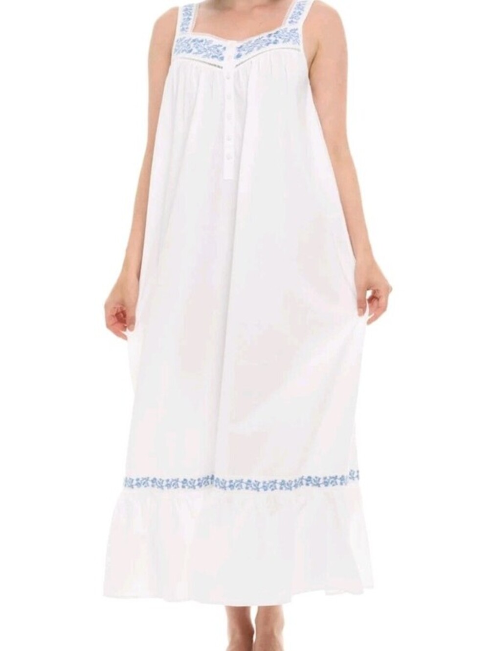Alexander Del Rossa Womens Cotton Nightgown 2XL White Blue Embroidery NWT
